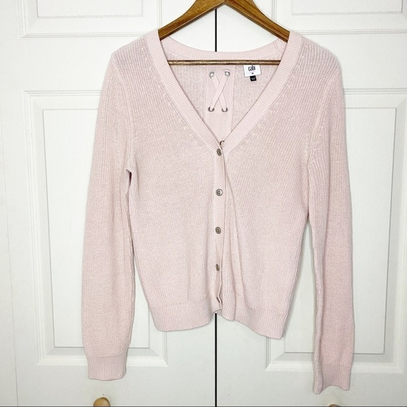Cabi Eliza Pink Chunky Knit,m Faux Lace Up Back Button Front Cardigan Sweater - Picture 10 of 10